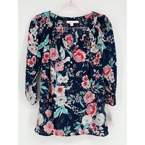 Juniper & Lime Sz M Navy Floral Smocked Neck 3/4 Sleeve‎ Blouse NWT